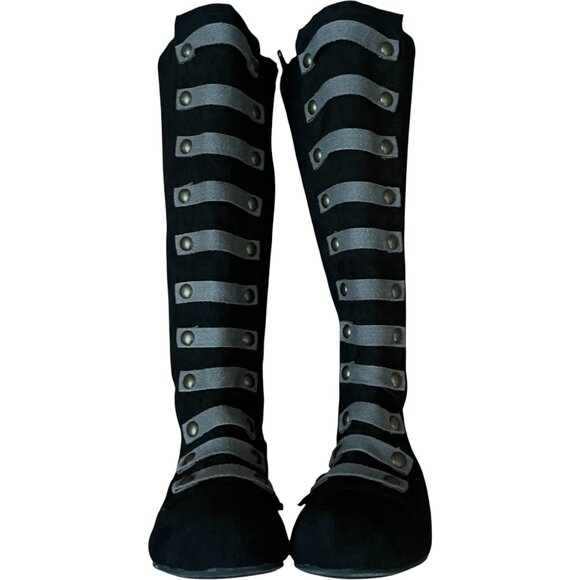 Joyfolie Leighton Black Lace Tall Boots with Grey Straps and Brass Studs Size 1 - Picture 8 of 8